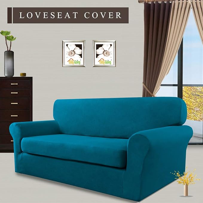 Easy-Going 2 Pieces Microfiber Stretch Sofa Slipcover – Spandex Soft Fitted Sofa Couch Cover, Washable Furniture Protector with Elastic Bottom Kids, Pet (Loveseat, Peacock Blue)