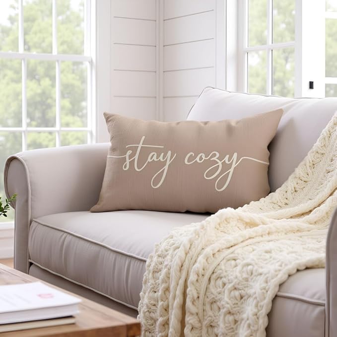 PANDICORN 12 x 20 Throw Pillow Cover Warm Beige, Stay Cozy Lumbar Decorative Cushion Case for Couch Sofa Bed, Farmhouse Fall Living Room or Entryway Bench Decor