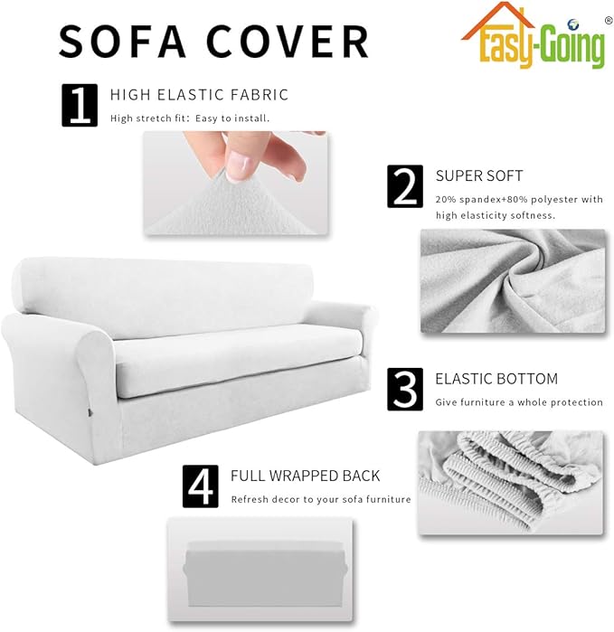 Easy-Going 2 Pieces Microfiber Stretch Sofa Slipcover – Spandex Soft Fitted Sofa Couch Cover, Washable Furniture Protector with Elastic Bottom Kids,Pet (Sofa, Snow White