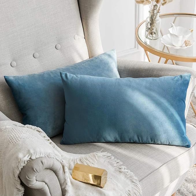 MIULEE Velvet Throw Pillow Covers 12x20 Inch Pack of 2,Soft Solid Decorative Lumbar Pillowcases Modern Luxury Home Decor for Bed Couch Sofa Bedroom Livingroom,Blue Gray