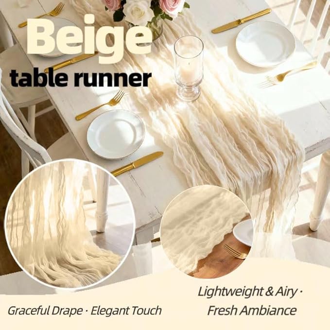 20 Pack Beige Cheesecloth Table Runners 35 x 71 Inch – Rustic Boho Gauze Table Runner for Wedding Arch, Party Decoration, Bridal Shower, Reception, Farmhouse Dining Decor