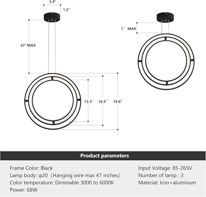 Modern LED Chandelier 3 Rings Black Circle Hanging Pendant Lighting Dimmable Round Ring Kitchen Island Chandelier Creative DIY for Dining Living Room Bedroom Height Adjustable