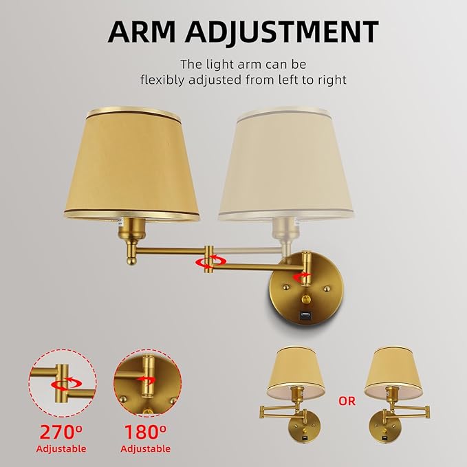 Plug-in Wall Sconce Swing Arm 1-Light Wall Mount Lamp with USB Charging Port Wall Sconce Lighting with Dimmable On Off Switch Gold Fabric Shade Brass Wall Lamp Light Fixture