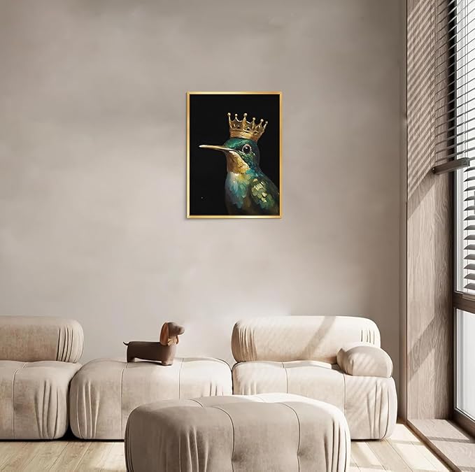 AIMAILON Vintage Gold Canvas Wall Art Framed Decor for Living Room - Hummingbird Birds King Wall Art, Retro Golden Wall Prints of Bird with a Crown, Modern Animal Bird Art Picture Bathroom Decor 12x16