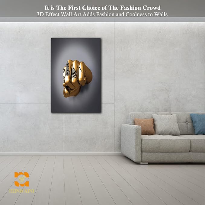 3D Wall Art - Abstract 3D Metal Effect Canvas Wall Art, 3D Modern Large Wall Art for Office, Golden Boxer Gesture 3D Art Wall Decor for Modern Bedroom Decor Framed 28”x40”x1Pcs