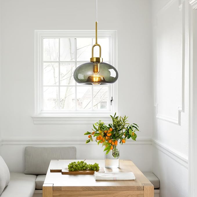 Gray Green Glass Pendant Lights Kitchen Island Gold Pendant Light Fixtures Adjustable Height Modern Pendant Lighting for Bedroom Dining Room (1-Pack)