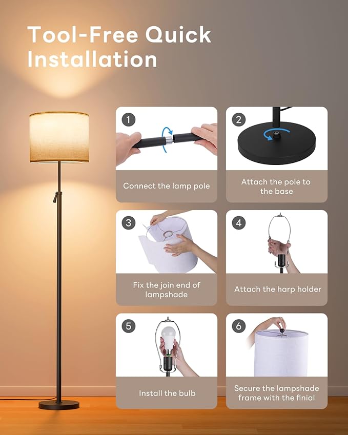 Floor Lamp for Living Room with RGBCW Color Changing Bulbs Dimmable, Adjustable Height Standing Lamp with Remote Control, 10W 1200 Lumen, Tall Lamp for Living Room, Bedroom, Office