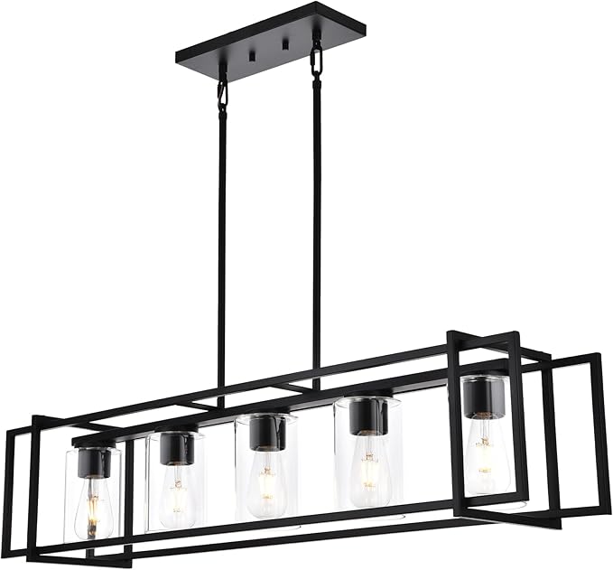 Kitchen Island Lighting 5-Light Chandeliers Farmhouse Black Island Pendant Light Fixtures Dining Room Rectangular Chandelier with Clear Glass Shades