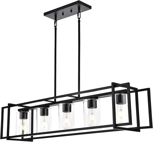 Kitchen Island Lighting 5-Light Chandeliers Farmhouse Black Island Pendant Light Fixtures Dining Room Rectangular Chandelier with Clear Glass Shades