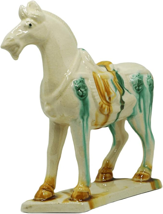 Handmade -Tang Dynasty Tri-Color Horse Sculpture Ceramic Horse-19cm Cultural Art Piece for Home,Bookcase or Office Decor (Ivory)
