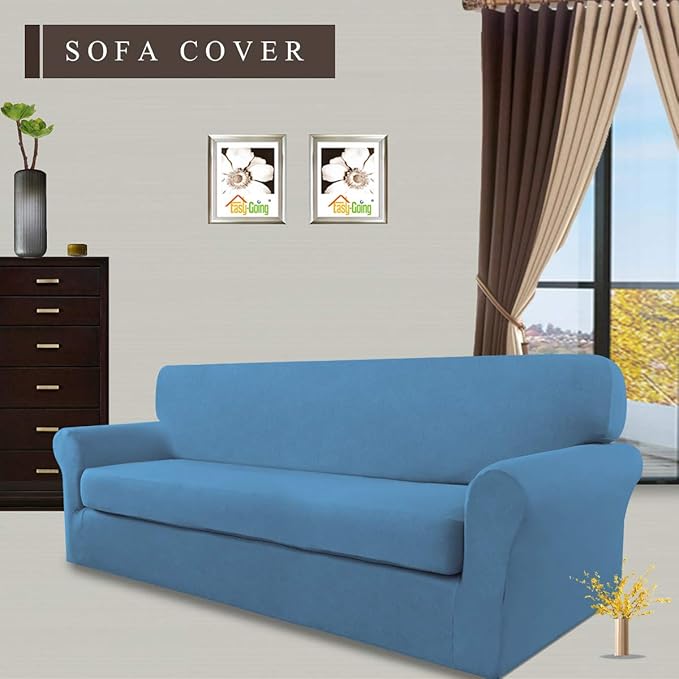 Easy-Going 2 Pieces Microfiber Stretch Sofa Slipcover Spandex Soft Fitted Sofa Couch Cover, Washable Furniture Protector with Elastic Bottom Kids,Pet (XLarge,Light Blue)