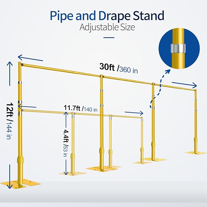 Pipe and Drape Backdrop Stand, 12x30ft Heavy Duty Adjustable Background Frame with Metal Base, Back Drop Holder for Parties Photography Wedding Photoshoot Decoration - Gold