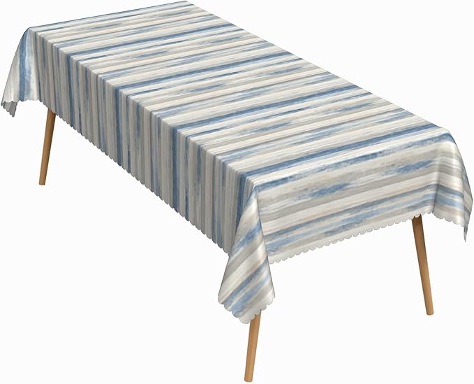 60x84 Inch Ikat Striped Rectangle Tablecloth Coastal Modern Blue Beige Watercolor Vertical Line Table Cloth Waterproof Reusable Table Cover for Hone Dining Kitchen Office Patio Party