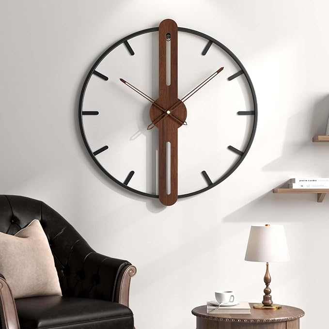 Modern Wall Clock Silent Non Ticking Battery Operated, Rustic Minimalist Wood Metal Frame Decorative Wall Clocks for Living Room, Office, Bedroom, Kitchen, 16 Inch