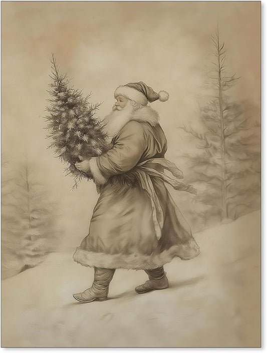Santa Claus Sketch Poster Vintage Christmas Tree Wall Art Antique Winter Landscape Canvas Pictures Cozy Holiday Wall Decor 12x16 inch Unframed