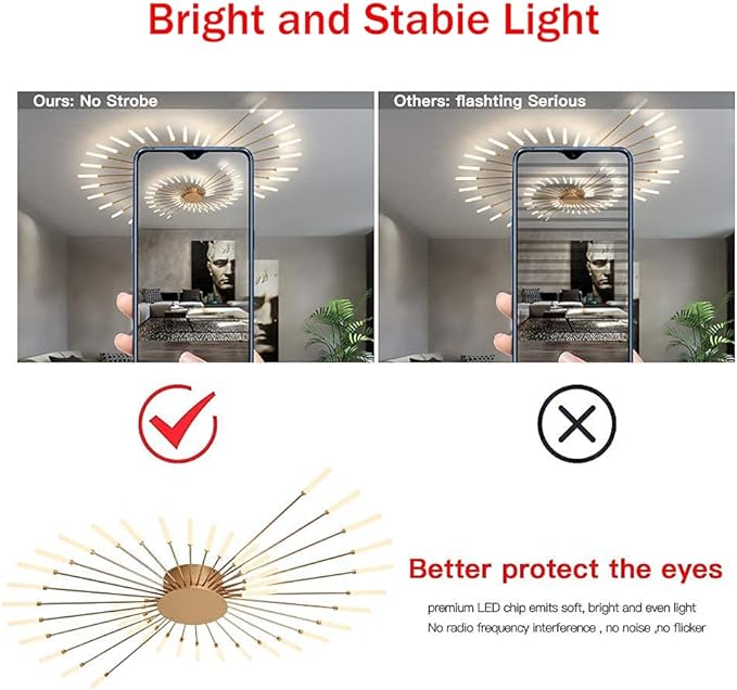 JAYMP Ceiling Light Modern Flower Shape Ceiling Lamp for Living Room Dining Room Flush Mount Metal Acrylic Sputnik Firework Petal LED Lighting Fixture (Matte Gold, 42 Lights)