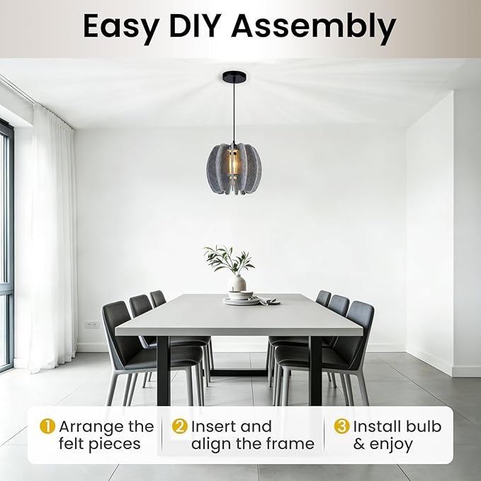 Pendant Light with Felt Lampshade, Modern Hanging Lamp Fixture, DIY Acoustic Pendant Light Chandeliers for Kitchen Island, Living Room, Dining Room, Bedroom, Office (D11.8"x10.2")