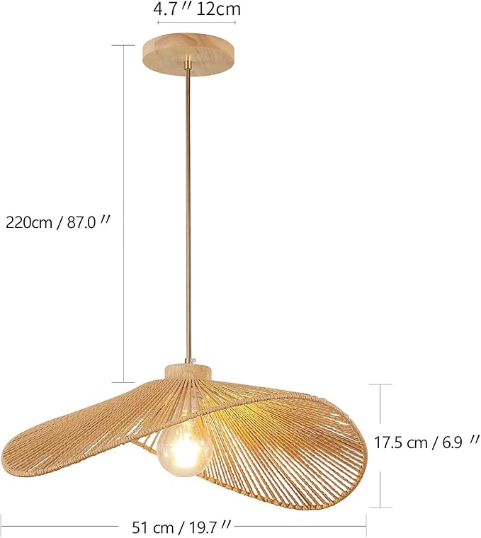 Boho Rattan Pendant Light Fixture Modern Style Hanging Light Bohia Natural Bamboo Handmade1-Light Hanging Lamp for Farmhouse Bedroom Living Room Dining Room