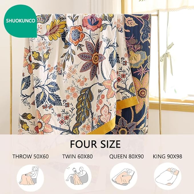 Boho Throw Blanket for Bed 100% Cotton Ultra Soft Rustic Quilt Fall Blanket Bird Floral Printed Farmhouse Decor Bed Blankets,60"×80" All Season Rustic Throw for Sofa Couch Chair