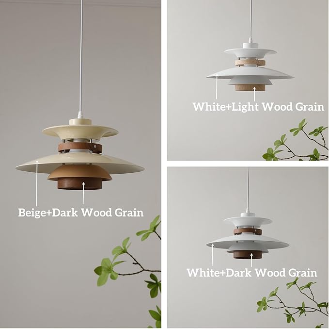 Modern Decor Adjustable Pendant Lamp Kitchen Island, Aluminum and Wood Finish,1-Light E26 Base Ceiling Hanging Light for Dining Room Shop Restaurant (White+Dark Wood Grain, 40cm)