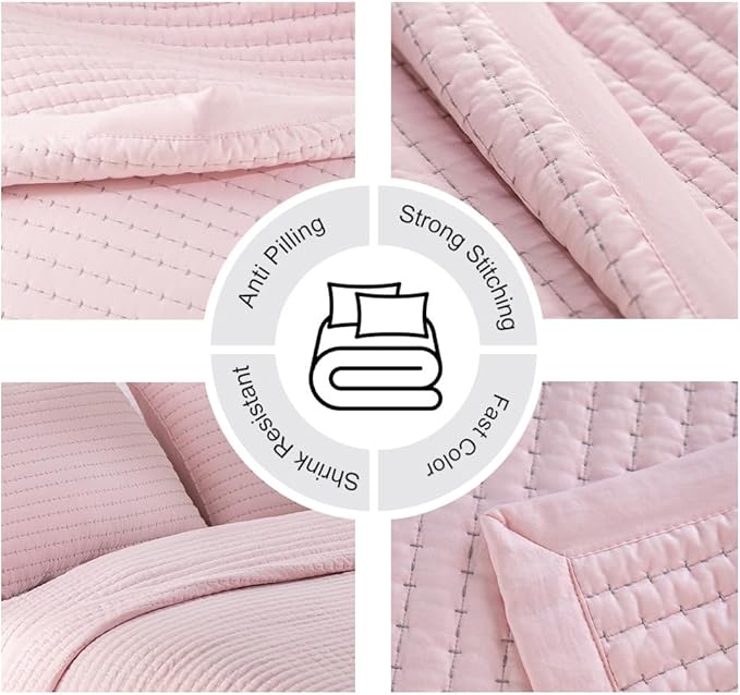 King Quilt Set – 104"x90" Soft Washed 3-Layer Lightweight Bedspread with Multi-Lock Quilting, Minimalist Nordic Bedding, All-Season Quilt Set for Spring & Summer (1 Quilt + 2 Pillow Shams), Pink