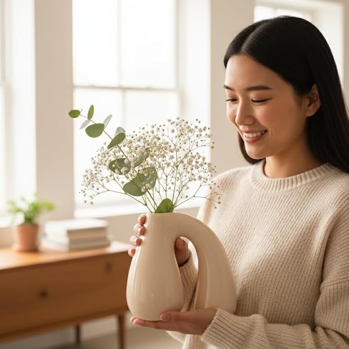 Cream White Ceramic Decorative Pitcher Vase, 7.5 in – Glossy Sculptural Arch-Handle, Modern Home Décor Accent for Fresh or Dried Floral Arrangements, Table/Shelf/Entryway, Giftable