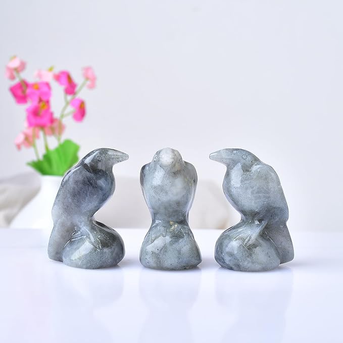 Natural Labradorite Crystal Raven Statue 2" Healing Crystal Handmade Sculpture Guardian Pocket Statues Reiki Meditation Office Home Decoration Gift