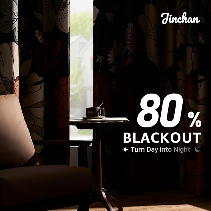 jinchan Lora Floral Curtain for Living Room Blackout Drape for Sliding Door Extra Wide Room Darkening Fall Decor Winter Vintage Flower Patterned Patio Door Curtain Grommet 1 Panel W100xL84 Inch Black