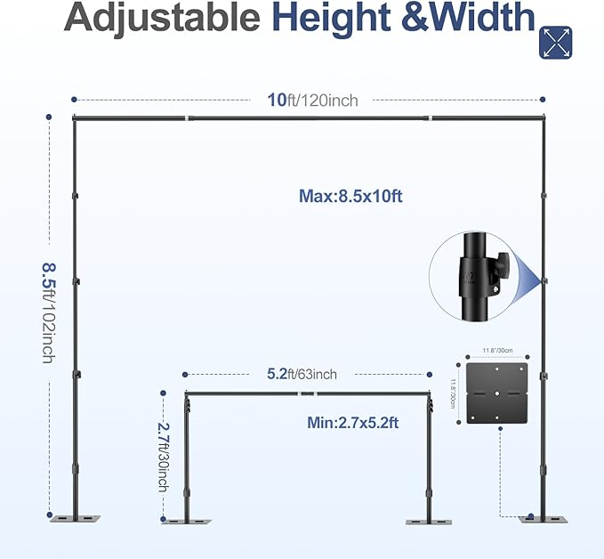 EMART Backdrop Stand,10x8.5ft(WxH) Adjustable Photo Background Stand with Upgrade Rod,Heavy Duty Flat Base,Metal Pipe and Drape Frame for Wedding,Birthday Party,Decorations,Photography Studio