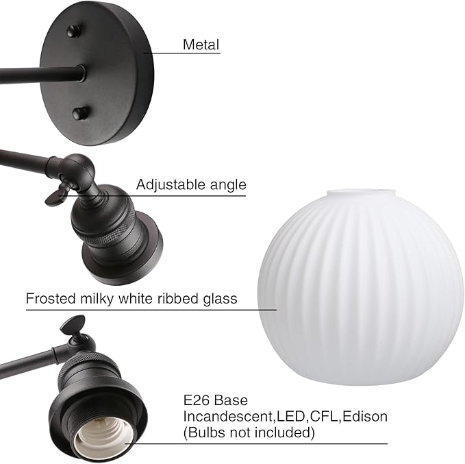 PERMO Vintage Wall Sconce Adjustable Black Sconce Globe Vanity Wall Light with Milk White Glass Shade for Farmhouse Bedroom Living Room Loft