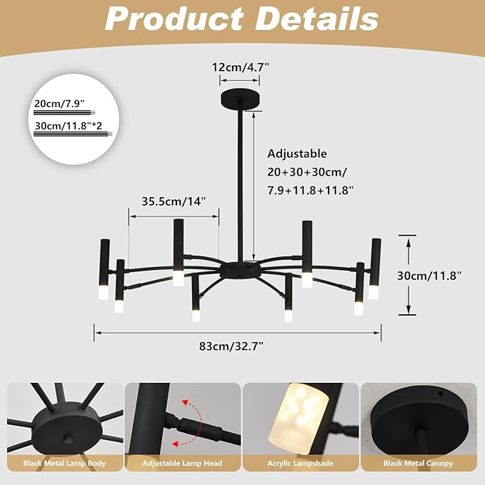 KCO Lighting 8 Light Black Metal Light Fixture Modern Foyer Chandelier Lighting Mid Century Industrial Sputnik Chandeliers Contemporary High Ceiling Chandelier Lights for Dining Room