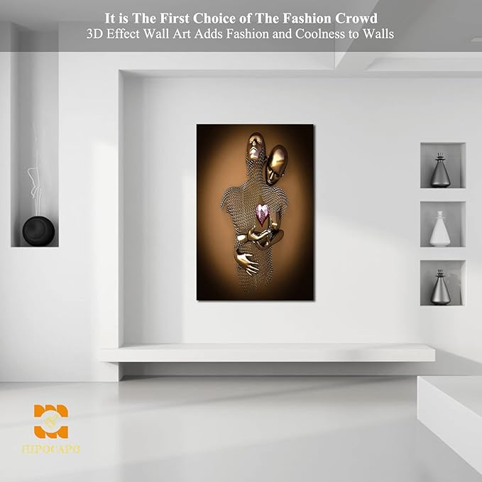 HIPOCAPO 3D Metal Effect Wall Art - Love Heart Canvas Art, Gold Decor for Living Room, Framed Romantic Couple Room 32”x48”x1Pcs 3d Art-22