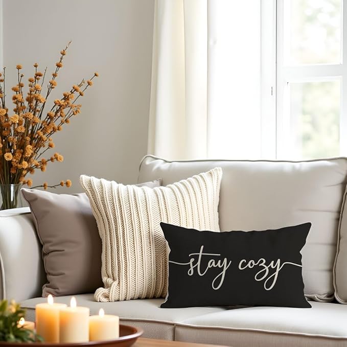PANDICORN Black and White Pillow Cover 12x20 Inch, Stay Cozy Modern Farmhouse Lumbar Decorative Cushion Case for Couch Sofa or Bed, Minimalist Living Room or Entryway Home Decoration Accent