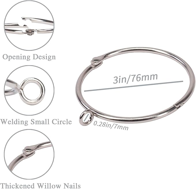 Openable Curtain Rings with Eyelet,24PCS Curtain Rings,Drapes Rings 3 in Interior Diameter,Hinge Snap-Joint Design, Fits Curtain Rods Up to 2 Inches Silver TXZWJZ
