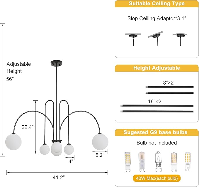 Black Sputnik Chandelier,6 Lights Modern Chandelier for Dining Room Mid Century Chandelier Large L49” Ceiling Pendant Light Fixtures with Milk Glass Globe Shades for High Ceiling Foyer Living Room