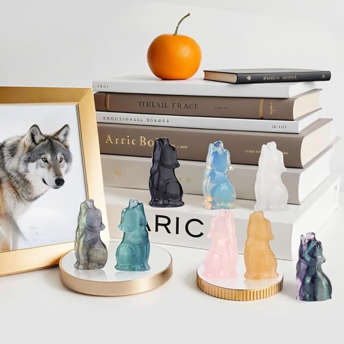 Rose Quartz Howling Wolf Crystal Figurines, 2.2 Inch Wolf Totem Spirit Animal Statue Decor for Home Office Desk Altar, Hand Carved Natural Healing Crystal Sculpture Gifts for Women Men