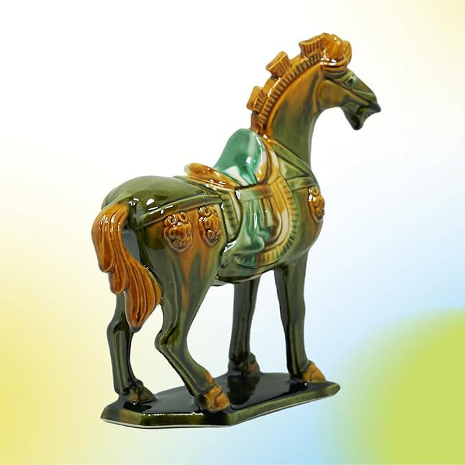 Handmade -Tang Dynasty Tri-Color Horse Sculpture Ceramic Horse-19cm Cultural Art Piece for Home,Bookcase or Office Decor (Grass Green)