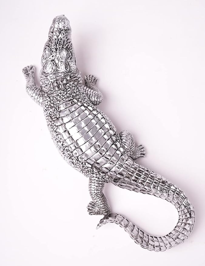 HAUCOZE Crocodile Sculpture Statue Animal Figurine Geometric Decor Polyresin Silver 14 inch