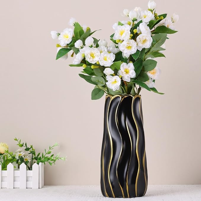 7.5" Black Ceramic Vase - Minimalist Black and Gold Flower Vase, Small Pampas Grass Vase, Boho Decorative Centerpiece Vase for Home Decor, Wedding, Housewarming, Table, Shelf, Mantel, and Entryway