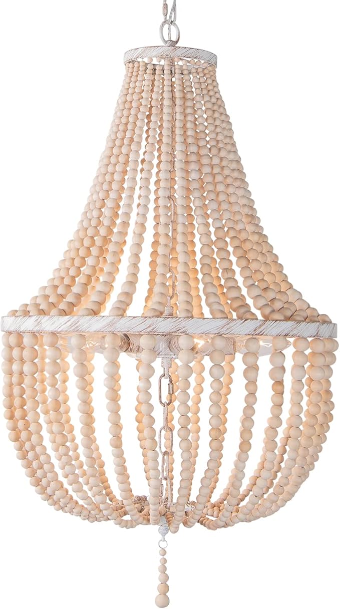 Topaluce18-inch Boho Wood Beaded Chandelier Modern Farmhouse Ceiling Pendant Hanging Lighting Fixture for Dining Room, Foyer, Bedroom,Kitchen Island, Living Room
