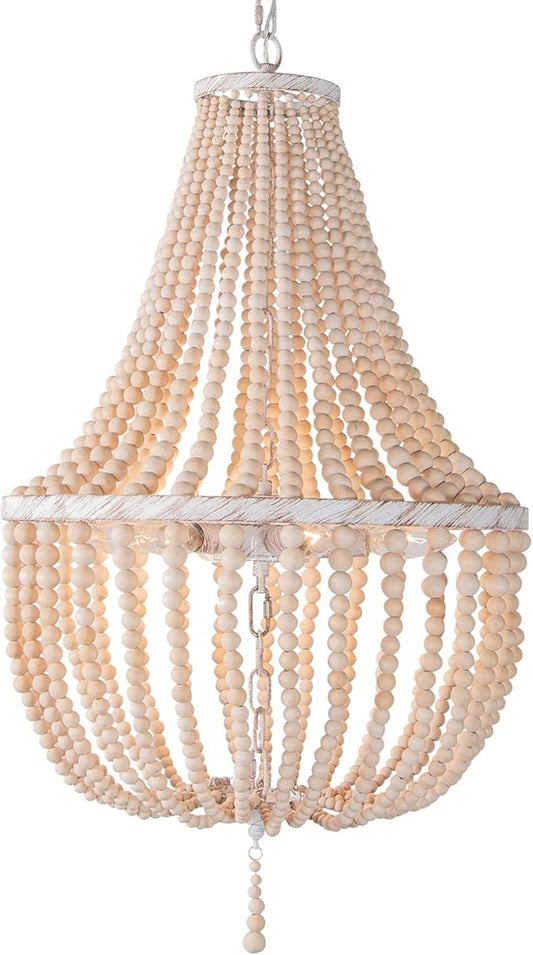 Topaluce18-inch Boho Wood Beaded Chandelier Modern Farmhouse Ceiling Pendant Hanging Lighting Fixture for Dining Room, Foyer, Bedroom,Kitchen Island, Living Room