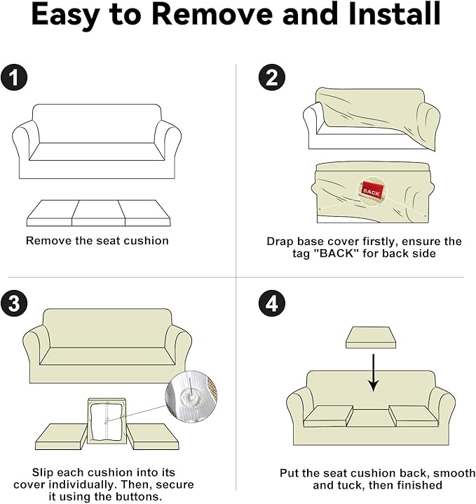 100% WaterproofCouch Cover 4-Piece Set Striped Sofa Slipcovers for 3 Cushion Couch Sofa Covers with TPU Leakproof Bottom Stretch Couch Protector Pet Proof - Sofa(3-Cushion), Beige