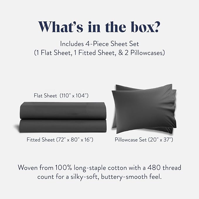 Brooklinen Luxury Sateen 4 Piece Sheet Set - 100% Cotton Bed Sheets, Durable California King Size Sheets Set in Slate Grey, Oeko-TEX Certified Bedding Set, 1 Fitted Sheet, 1 Flat Sheet, 2 Pillowcases