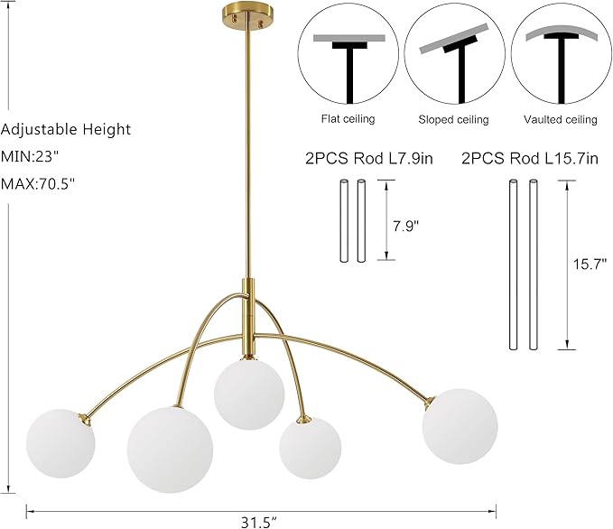 5-Light Gold Sputnik Chandelier for Dining Room Mid Century Modern Light Fixture with Milk Glass Globes, Adjustable Hanging Contemporary Pendant Lighting for Kitchen Bedroom Living Room