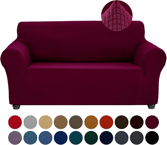 Joccun Stretch Loveseat Couch Cover Slipcover, 1-Piece Sofa Cover for 2 Cushion Couch Spandex Jacquard Washable Furniture Protector Cover for Living Room,Kids,Pets（Loveseat,Burgundy）