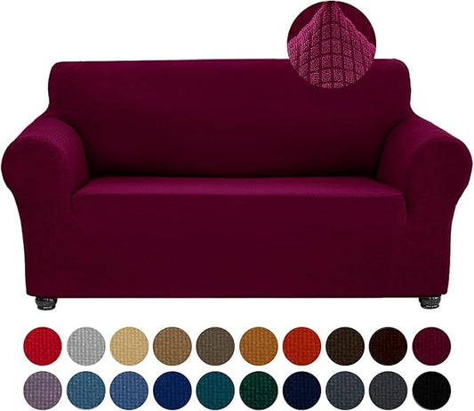 Joccun Stretch Loveseat Couch Cover Slipcover, 1-Piece Sofa Cover for 2 Cushion Couch Spandex Jacquard Washable Furniture Protector Cover for Living Room,Kids,Pets（Loveseat,Burgundy）