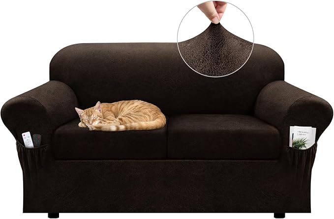 Loveseat Slipcover with Armrest Pockets 3-Piece Set, Stretch Faux Leather Love Seat Covers for 2-Cushion Couches(Fits 58-66") - Non-Slip, Machine Washable, Pet & Kid Friendly - Dark Brown