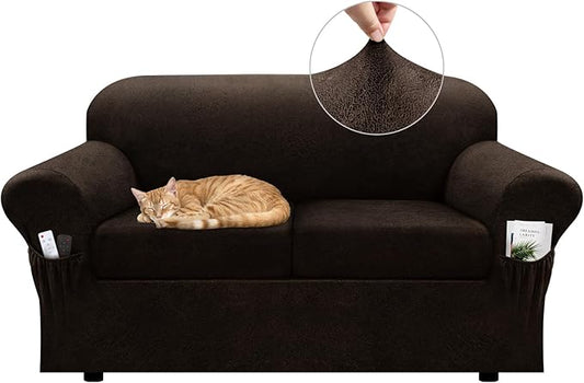 Loveseat Slipcover with Armrest Pockets 3-Piece Set, Stretch Faux Leather Love Seat Covers for 2-Cushion Couches(Fits 58-66") - Non-Slip, Machine Washable, Pet & Kid Friendly - Dark Brown