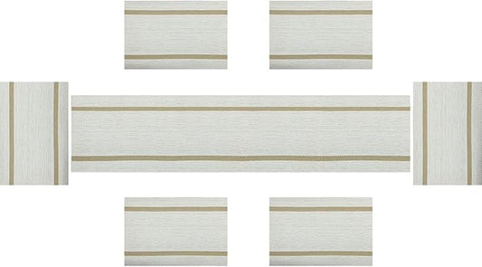 PIGCHCY Luxurious Placemats and Table Runner Set, Stylish Durable Placemats Set of 6 for Home Wedding Hotel Decoration (Beige White)