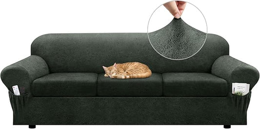 Sofa Slipcover with Armrest Pockets 4-Piece Set, Stretch Faux Leather Extra Large Couch Covers for 3-Cushion Couches(Fits 98-112") - Machine Washable, Pet & Kid Friendly - Military Green